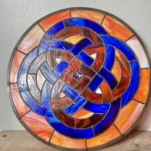 17" Celtic Knot Stained Glass Round Panel Blue Orange Suncatcher READ